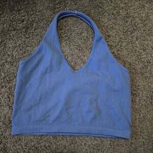 Essentials Womens Blue Cropped Halter Top